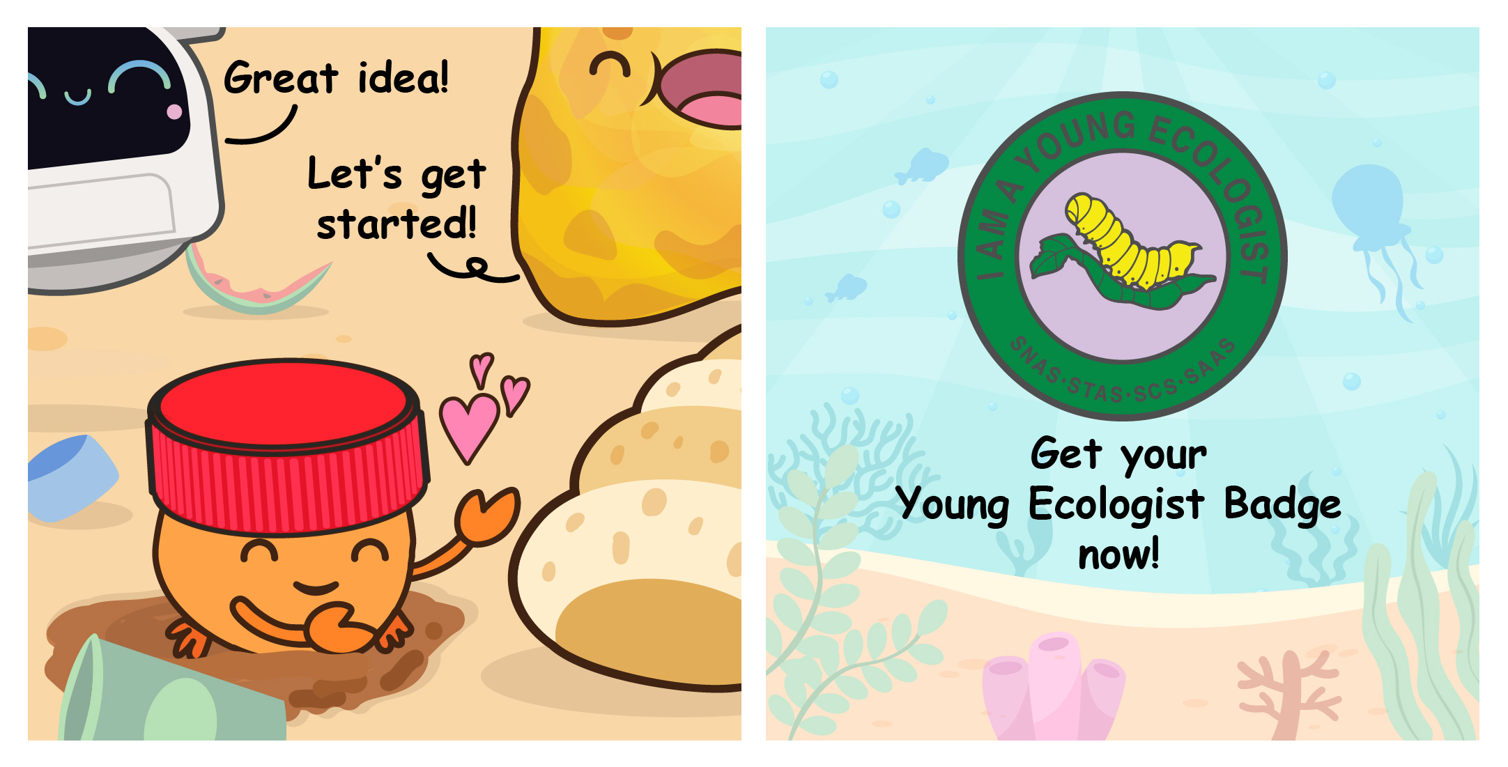 Two-panel comic concluding the beach cleanup story, showing the delighted hermit crab next to the natural shell, followed by a call to earn the "Young Ecologist Badge."